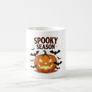 Caneca De Café "Spooky Season Pumpkin & Bats Fall Halloween"