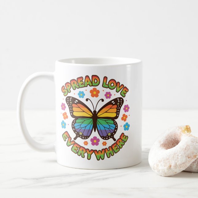 Caneca De Café Spread Love Everywhere – Rainbow Butterfly Quote – (Com Donut)