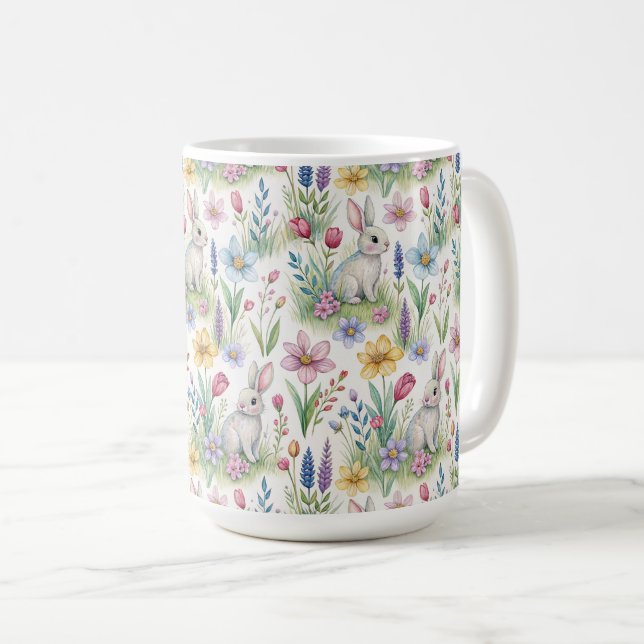 Caneca De Café Spring Bunny Garden Pattern (Frente Esquerda)