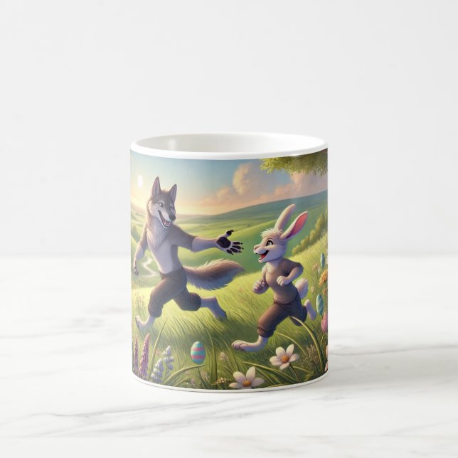 Caneca De Café Springtime Chase - Páscoa de Lobo e Coelho Reprodu (Centro)