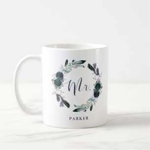 Caneca De Café Sr. floral da grinalda   da peônia do marinho de