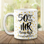Caneca De Café Sr. Sempre Divertido 50º Aniversário Dourado Coraç<br><div class="desc">O perfeito presente de 50 anos de casamento para o Sr. Sempre Certo. Personalize com o nome e o ano do casamento. Um presente divertido,  único e personalizável para celebrar o aniversário de casamento de qualquer um. Projetado por Thisnotme©</div>