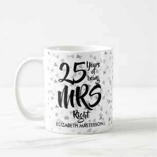 Caneca De Café Sra. Certa Aniversário de 25 anos Corações Pratead