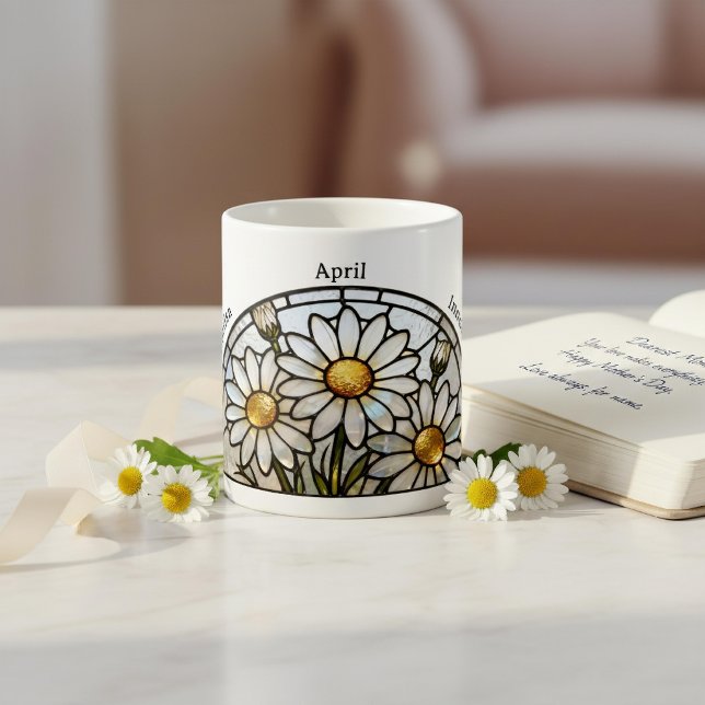 Caneca De Café Stained Glass Birth Flower April Daisy Name (Criador carregado)