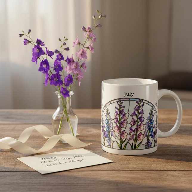 Caneca De Café Stained Glass Birth Flower July Larkspur Name (Criador carregado)