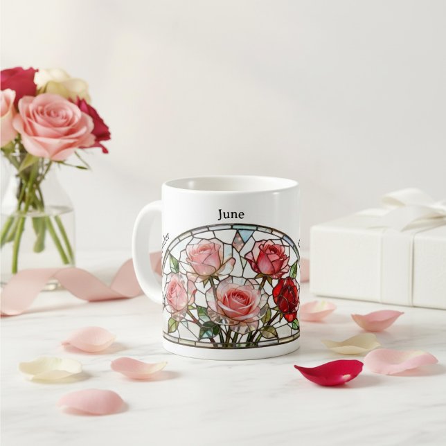 Caneca De Café Stained Glass Birth Flower June Rose Personalized (Criador carregado)