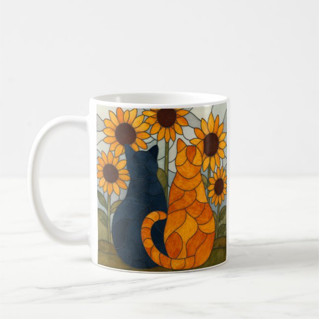 Caneca De Café Stained Glass Cats and Sunflowers Art Design (Esquerda)