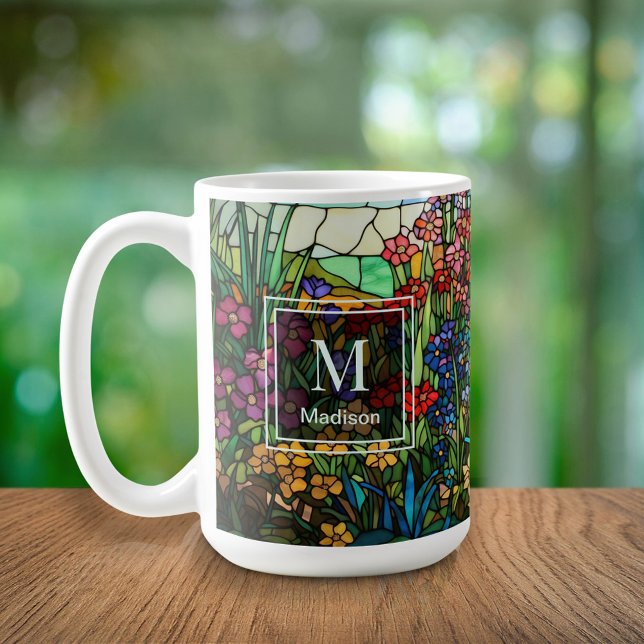 Caneca De Café Stained Glass Floral Design Monogram Name Mug (Criador carregado)