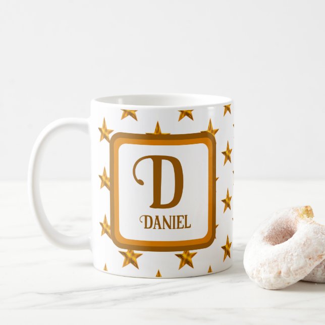 Caneca De Café Star Monograma Nome Dourado Laranja Inicial (Com Donut)