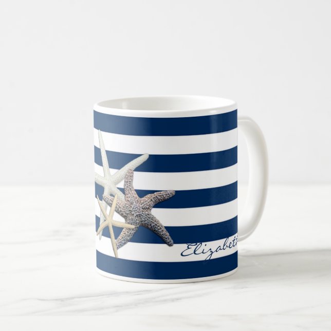 Caneca De Café Starfish Adorável, Marinho Azul, Stripes Personali (Frente Esquerda)