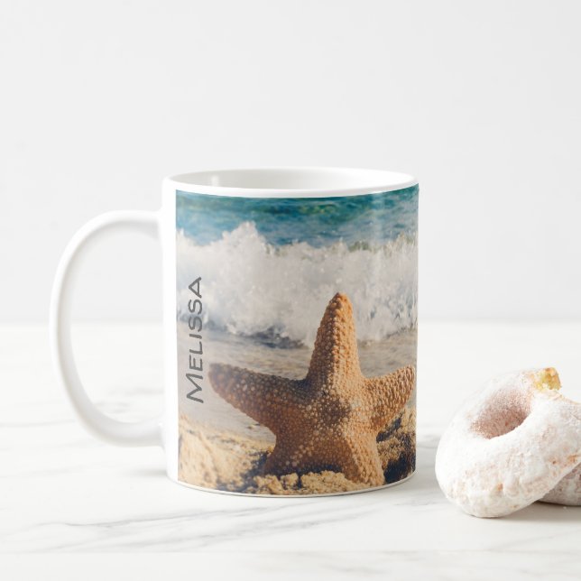 Caneca De Café Starfish em uma fotografia de Sandy Beach (Com Donut)