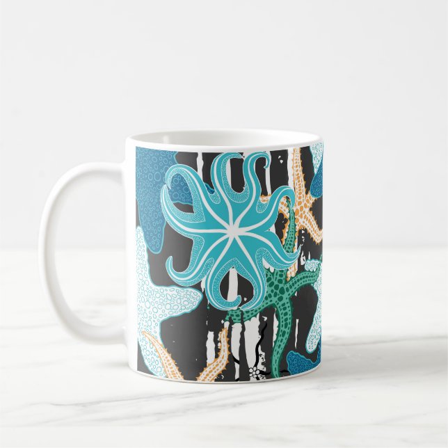 Caneca De Café Starfish Vintage: Fundo Escuro Striped. (Esquerda)