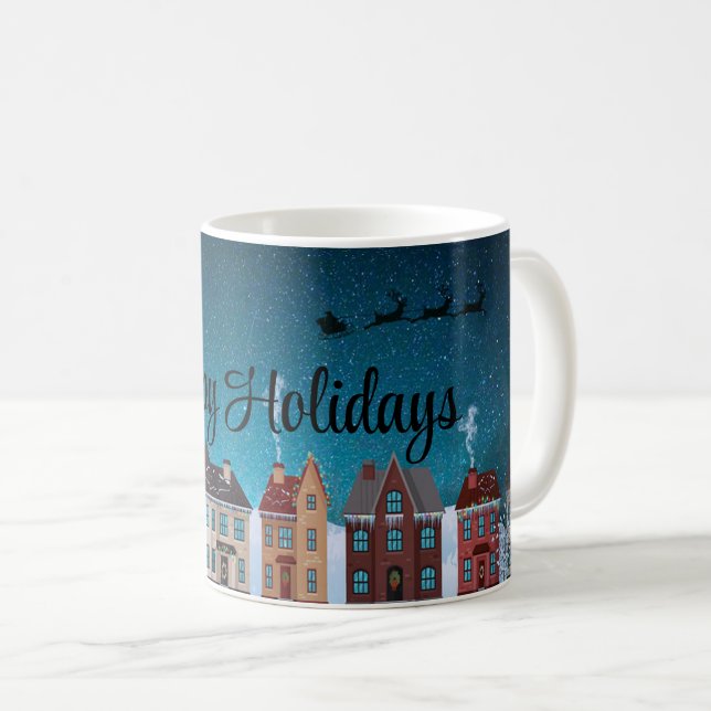 Caneca De Café Starry Night with Santa Claus and Houses (Frente Esquerda)