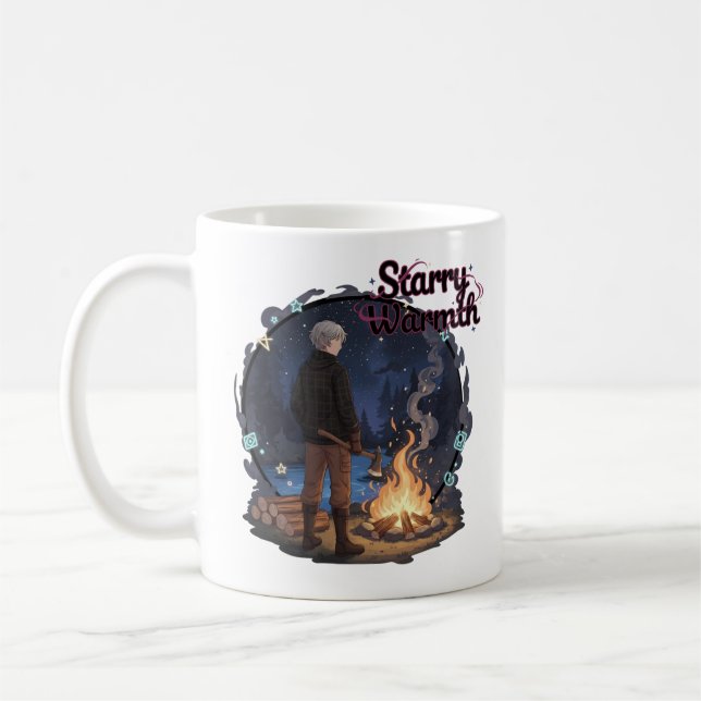 Caneca De Café Starry Warmth - Lumberjack Anime Boy by Campfire (Esquerda)