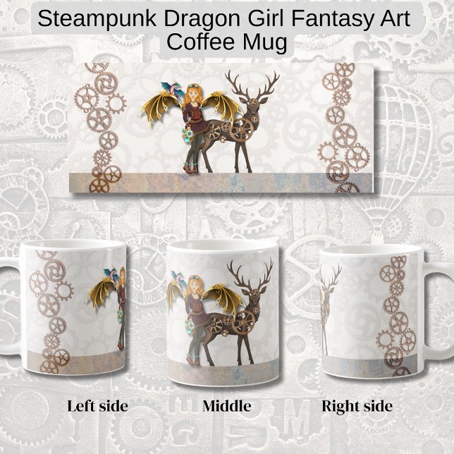 Caneca De Café Steampunk Dragon Girl Fantasy Art  (Steampunk Dragon Girl Fantasy Art Mug)