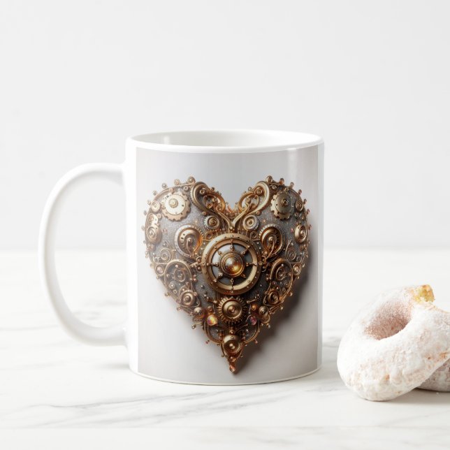 Caneca De Café Steampunk Elegant Clockwork Gear Heart (Com Donut)