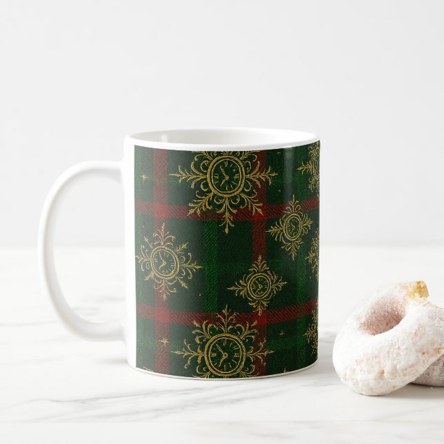 Caneca De Café Steampunk Snowflake Red and Green Tartan (Com Donut)