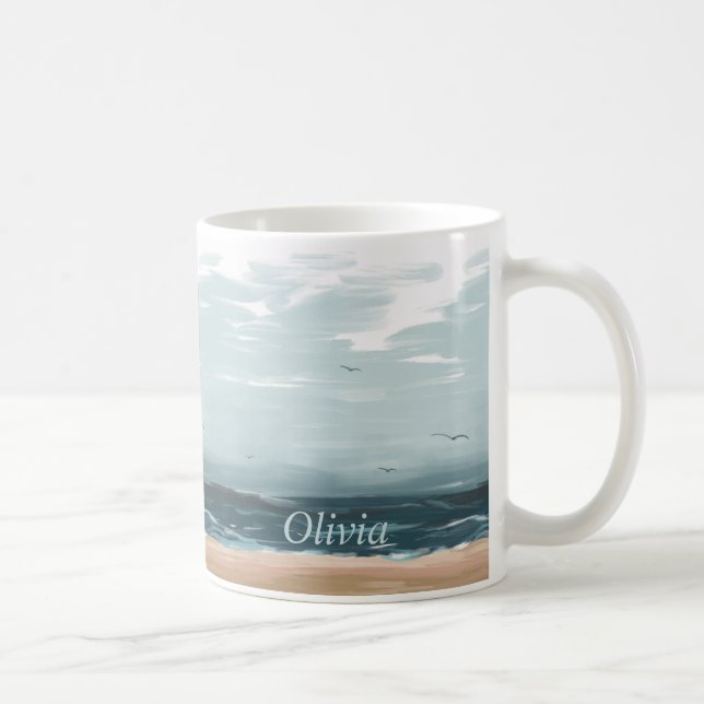 Caneca De Café Stormy Sea Waves Beach Flying Gulls (Direita)