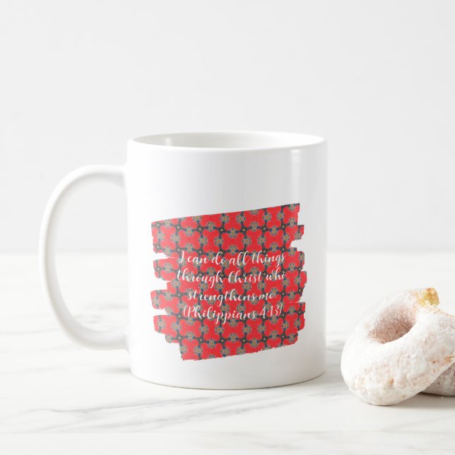 Caneca De Café Strength Scripture Red Floral Pattern (Com Donut)