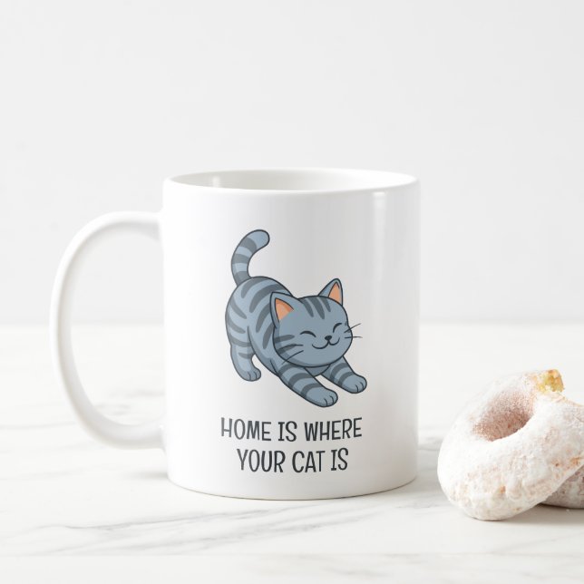 Caneca De Café Stretching Grey Tabby Cat Custom Text (Com Donut)