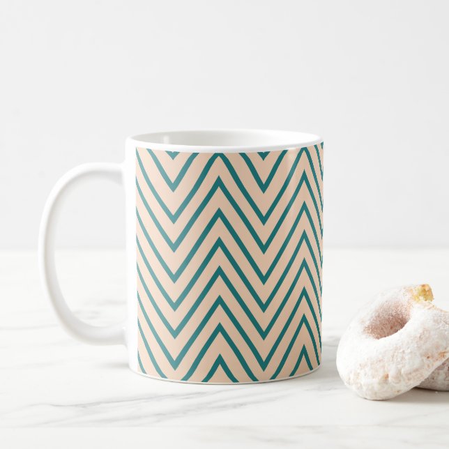 Caneca De Café Stripe de Chevron Azul Peach (Com Donut)