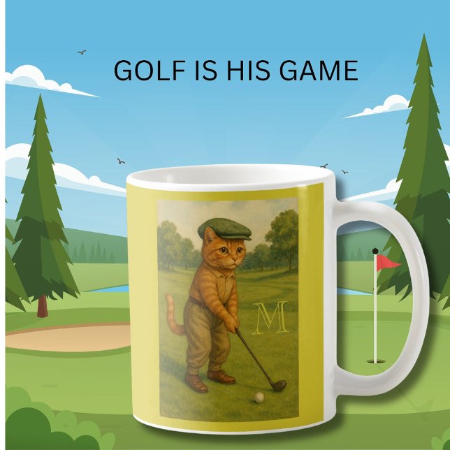 Caneca De Café Stylish Retro Cat Playing Golf Custom Monogram  (Criador carregado)