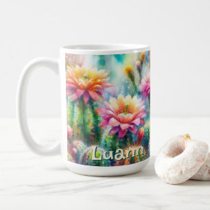 Caneca De Café Suculenta Cactos Floridos Aquarela Personalizada