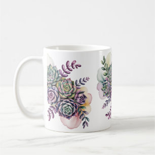 Caneca De Café Suculentas azul pastel e rosa