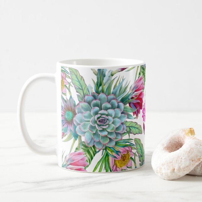 Caneca De Café Suculentes Echeveria Cactus Flowers Padrão (Com Donut)