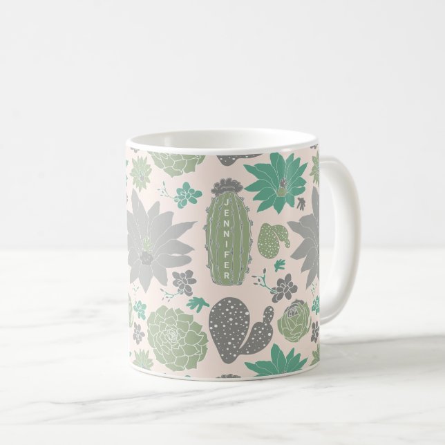 Caneca De Café Sucultivos E Nome De Cinzas De Pêssego Cute Cactus (Frente Esquerda)