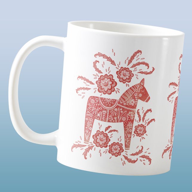 Caneca De Café Sueco Dala Horse Red White (Swedish Dala Horse folk art red and white coffee mug)
