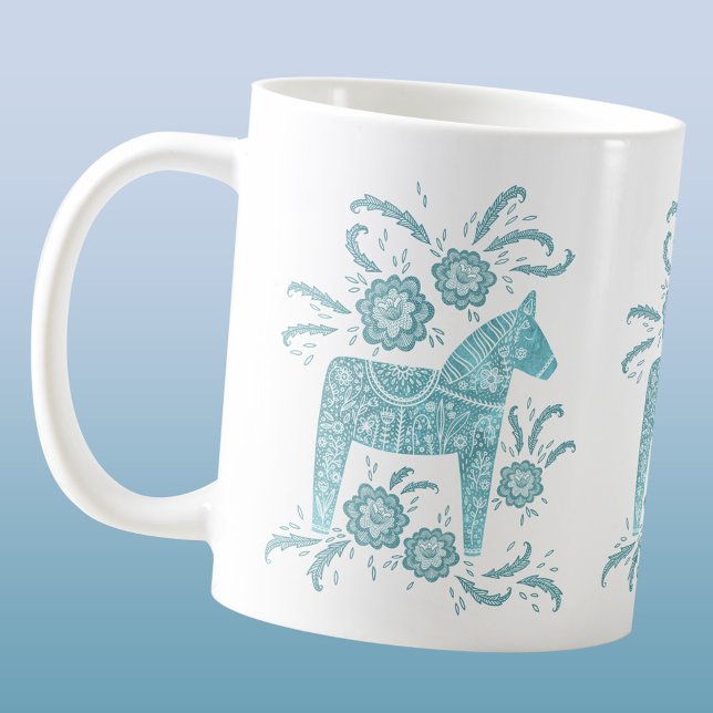 Caneca De Café Sueco Dala Horse Teal Green Coffee Mug (Swedish Dala Horse folk art coffee mug)