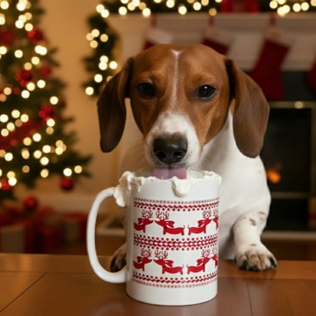 Caneca De Café Suéter Feio Reindeer Dachshund Tea Coffee Mug (Dachshund Christmas Coffee Mug – Fair Isle Nordic Reindeer Wiener Dog Holiday Gift)