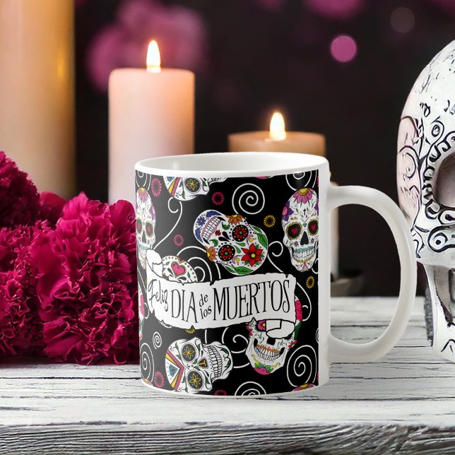 Caneca De Café Sugar Skulls and Swirls Rosa Black ID725 (Criador carregado)