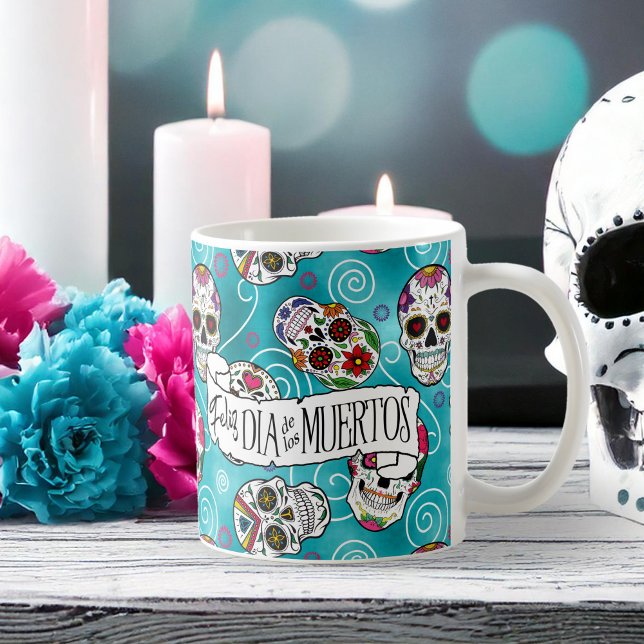 Caneca De Café Sugar Skulls and Swirls Rosa Turquoise ID725 (Criador carregado)