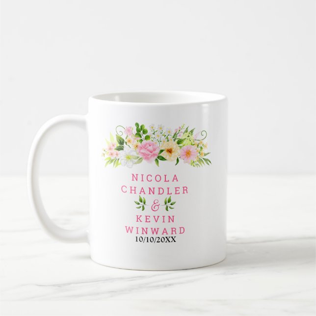 Caneca De Café Summer Pink and Yellow Flowers and Foliage Wedding (Esquerda)