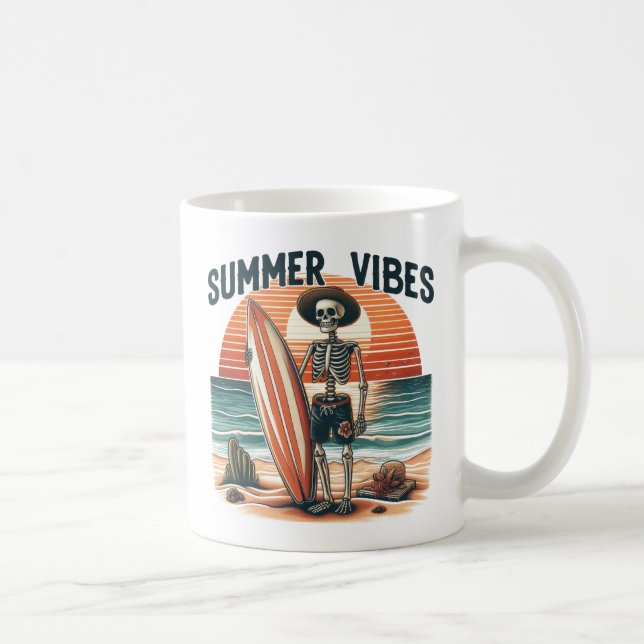 Caneca De Café Summer Vibes Skeleton Surfer Sunset Beach Design (Direita)