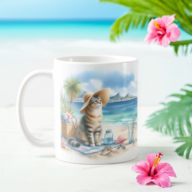 Caneca De Café Summer Watercolor Cat na praia (Criador carregado)