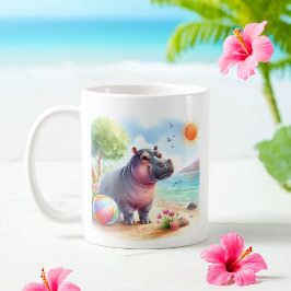 Caneca De Café Summer Watercolor Hippopotamus na praia