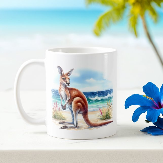 Caneca De Café Summer Watercolor Kangaroo na praia (Criador carregado)