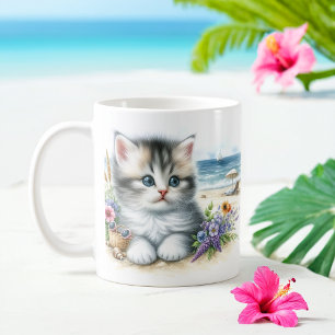 Caneca De Café Summer Watercolor Kitten na praia
