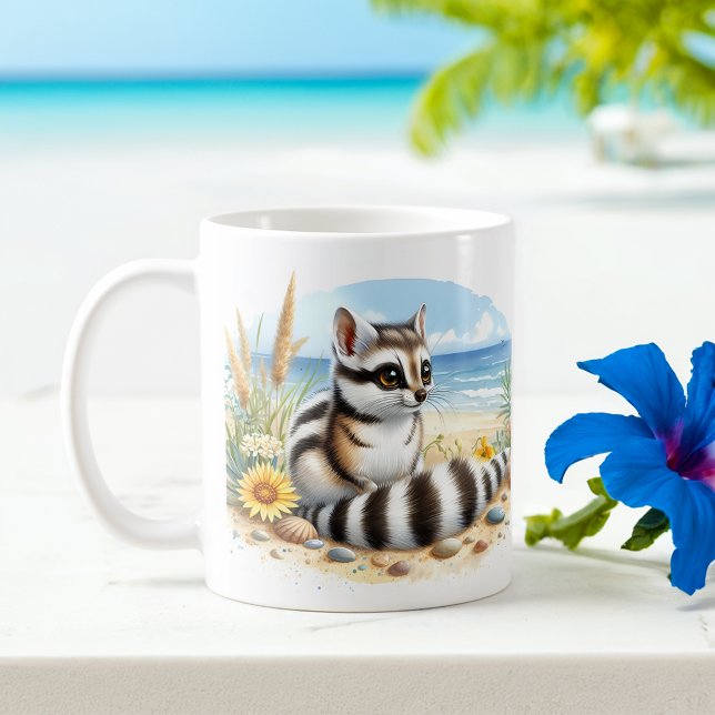 Caneca De Café Summer Watercolor Ringtail na praia (Criador carregado)