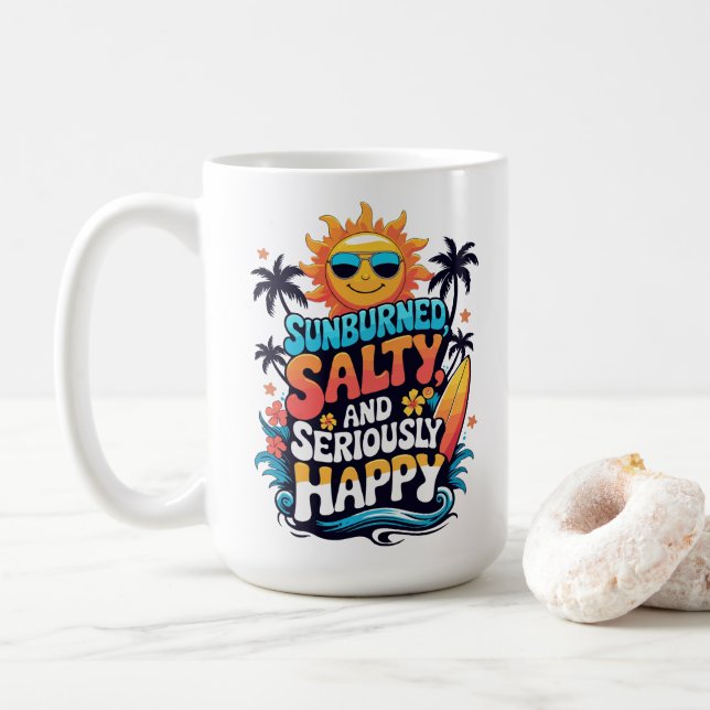 Caneca De Café Sunburned Salty and Happy – Retro Beach Vibes (Com Donut)