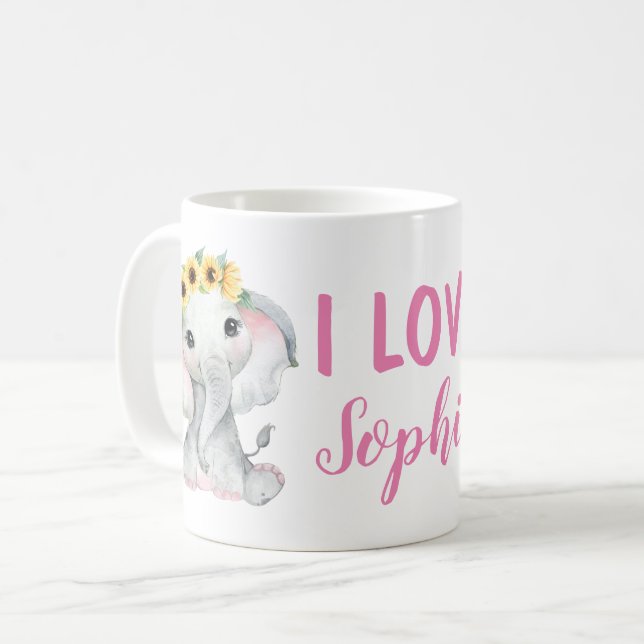 Caneca De Café Sunflower Elephant Custom Name Mug Girl Amarelo (Frente Esquerda)