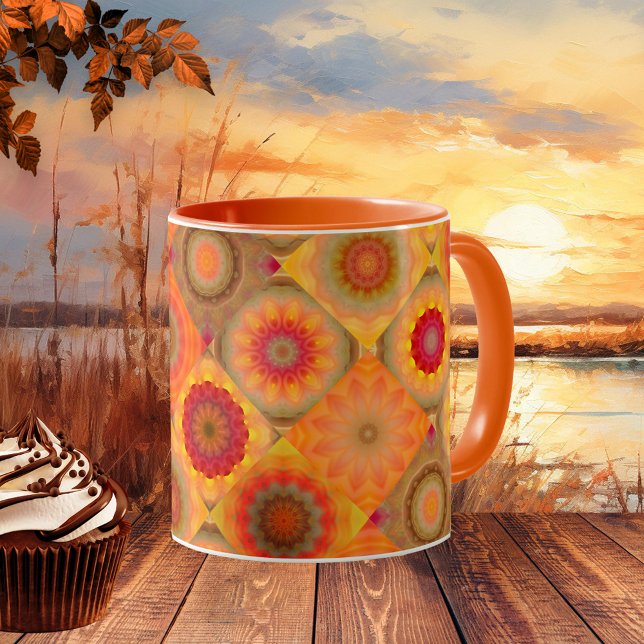 Caneca De Café Sunny Floral Patterno Design Mug (Mug with an abstract floral art pattern in quilt or patchwork style in warm sunny colors.)