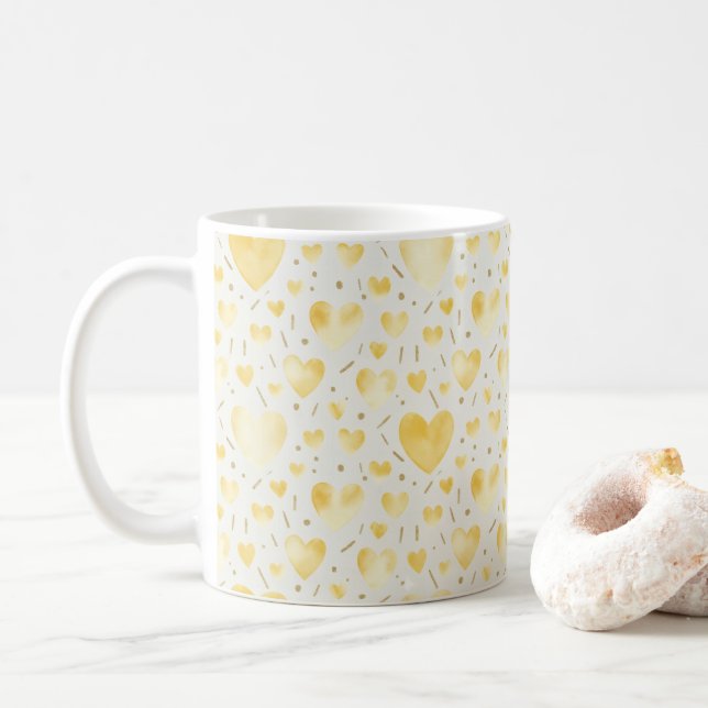 Caneca De Café Sunny Golden Watercolor Hearts (Com Donut)