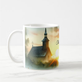 Caneca De Café Sunrise Church with Birds in Misty Meadow