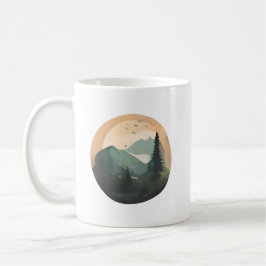 Caneca De Café Sunrise Sobre Picos: Uma Cena Tranquila De Montanh