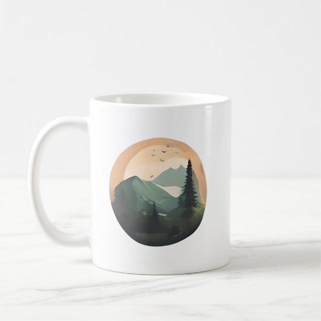 Caneca De Café Sunrise Sobre Picos: Uma Cena Tranquila De Montanh (Esquerda)