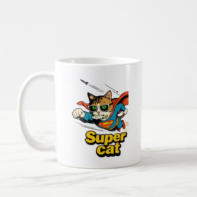 Caneca De Café Super Gato Voando com Peixe  (Esquerda)